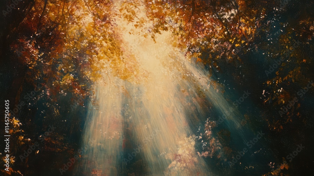 Poster sunlight filtering through autumn leaves creating a warm glow in a serene forest environment