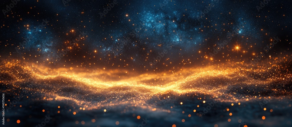 Poster golden starry cosmic backdrop with shimmering lights and galaxies creating a magical celestial atmos
