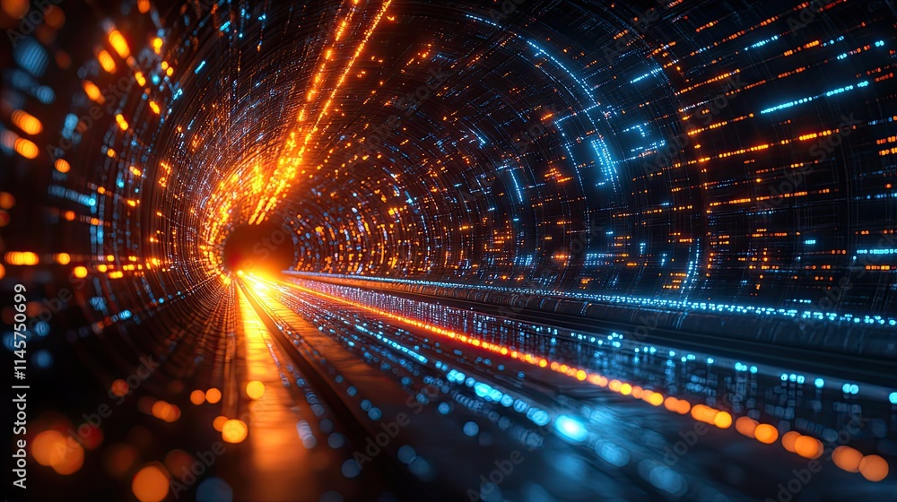 Canvas Prints data lines and abstract blur in a tunnel symbolize tech speed, motion, energy, pattern, and dark mov