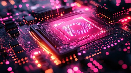 Obraz premium Data circuits, computer boards with technology, cybersecurity graphics, and semiconductors with innovation represent cloud computing servers, neon abstract IoT, and database systems.