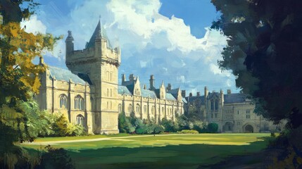 Obraz premium Christ Church College Meadowscape with Historic Architecture and Lush Greenery Against a Bright Blue Sky