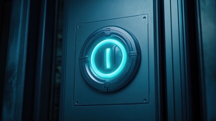 Glowing blue power button on dark metallic panel.