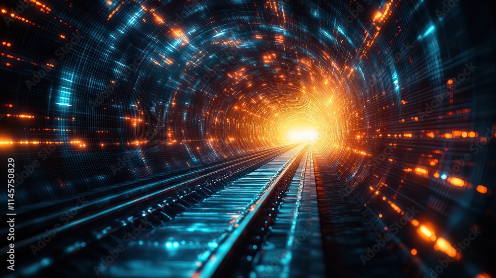 Canvas Prints data lines and abstract blur in a tunnel symbolize tech speed, motion, energy, pattern, and dark mov