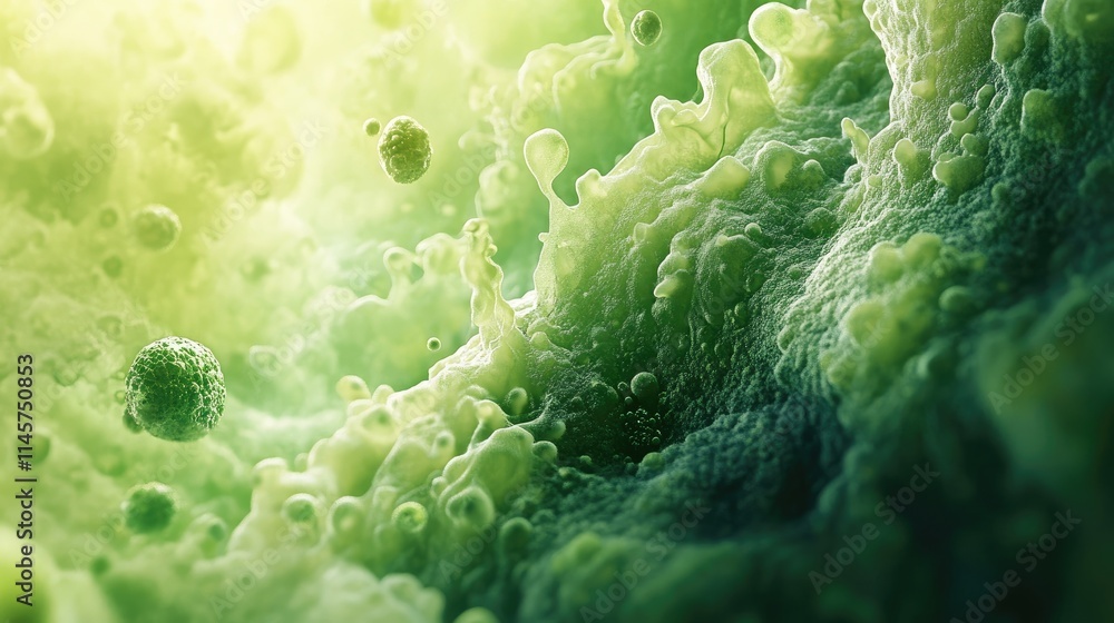 Poster microscopic view of vibrant green algae submerged in water showcasing intricate textures and biologi
