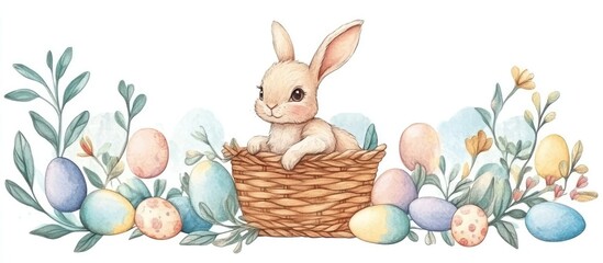 Easter Bunny in a basket surrounded by colorful eggs and flowers in a whimsical spring setting for festive celebrations