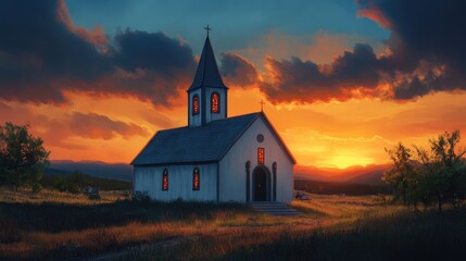 Fototapeta premium Charming church silhouette against a vibrant sunset with dramatic clouds and illuminated windows in a serene rural landscape