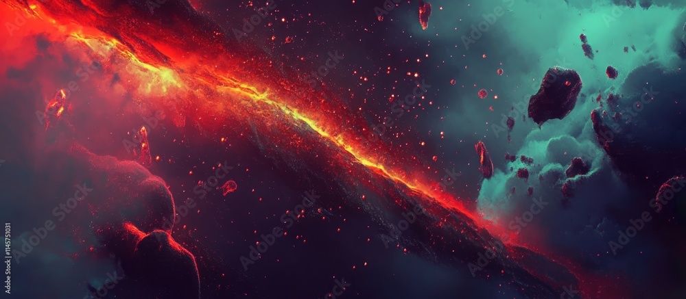 Poster vibrant cosmic explosion with fiery elements and ethereal clouds in a stunning abstract space backgr