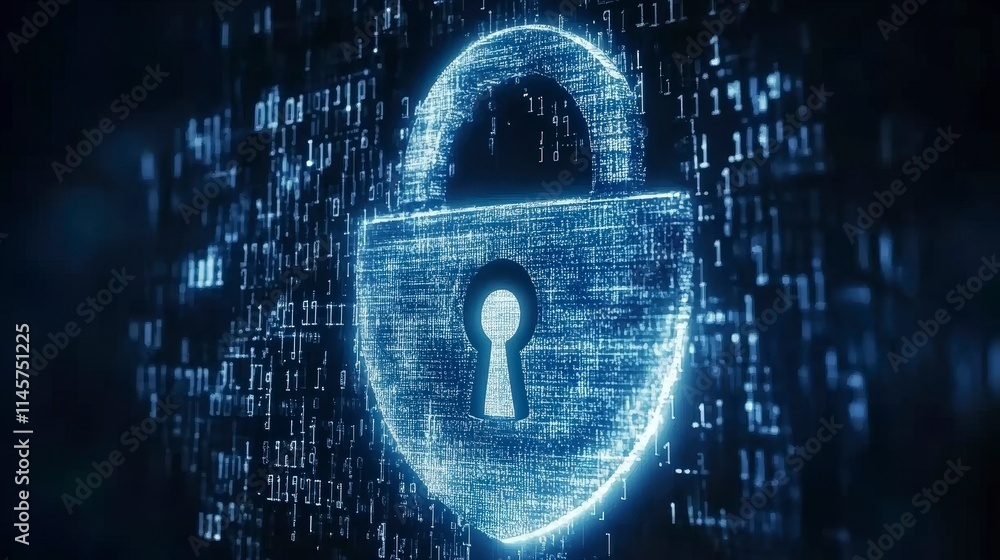 Poster a digital padlock icon glows against a backdrop of binary code symbolizing cybersecurity data protec