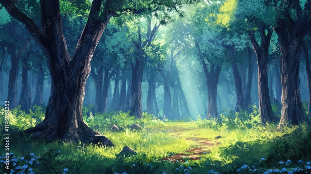 Poster serene forest scene with sunlight filtering through tree trunks and lush green undergrowth creating 