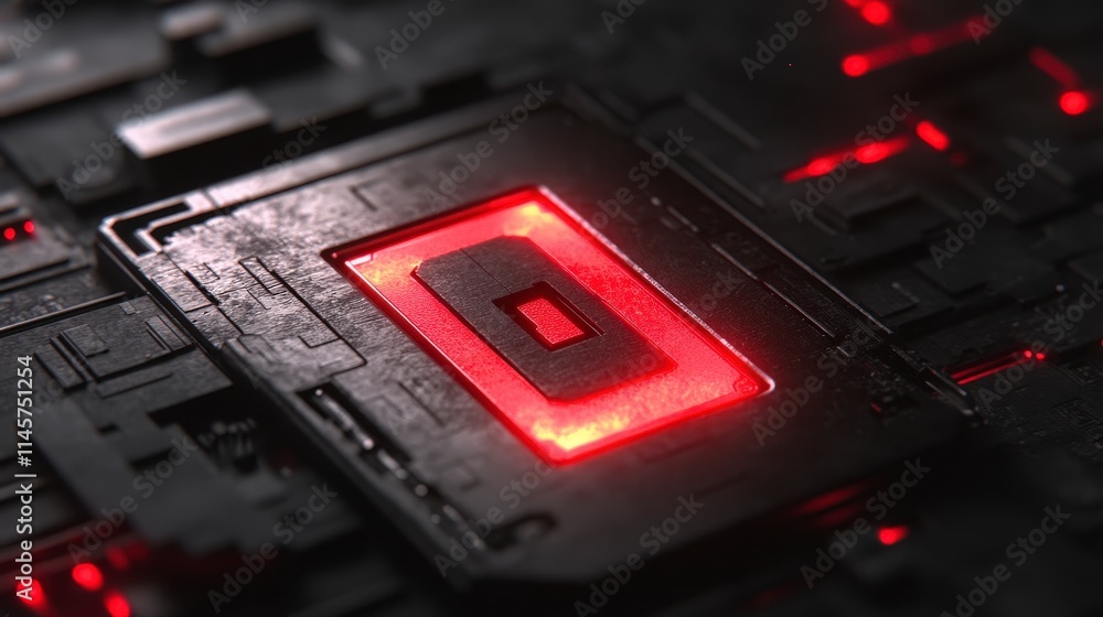 Poster Close-up of a dark metallic surface with intricate circuitry and a glowing red rectangular component. The image evokes a sense of advanced technology and power.