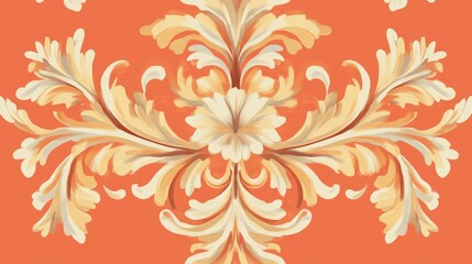 Ornate floral pattern on peach orange backdrop for elegant design projects and textile applications