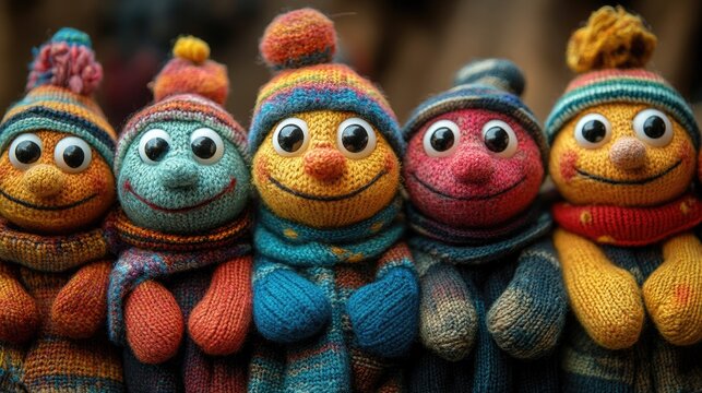 Colorful sock puppets lined up in cheerful expressions on a soft background Ideal for children's activities or creative theater concepts