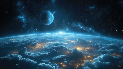 Majestic cosmic view showcasing Earth illuminated by city lights with a distant moon and vibrant galactic backdrop.