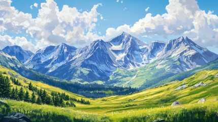 Fototapeta premium Mountain landscape with lush greenery under a bright sky showcasing scenic beauty and tranquility in summer.
