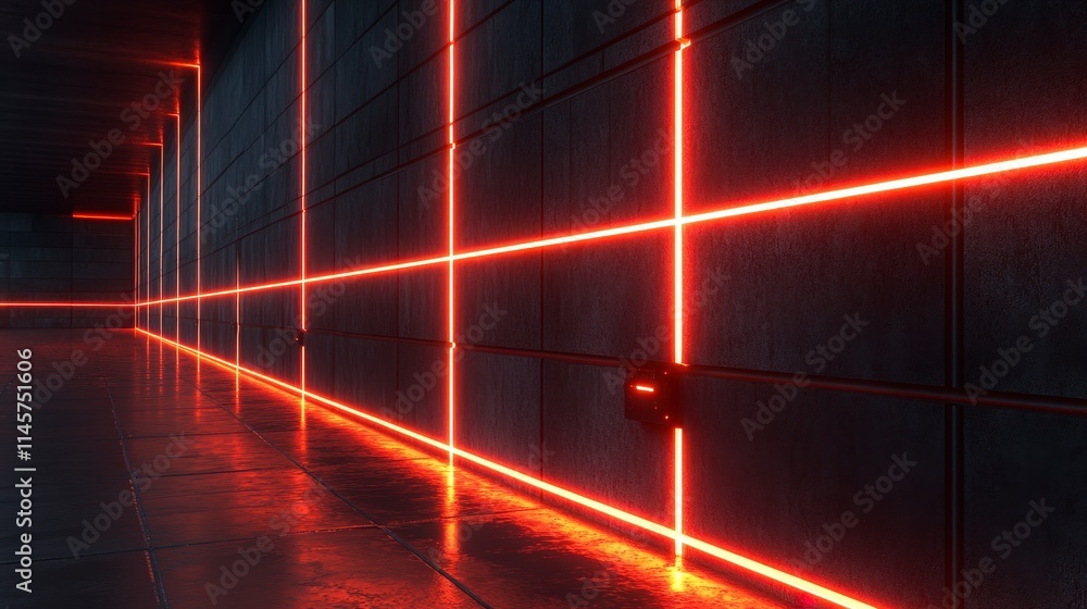 Poster a dark hallway with glowing orange neon lights forming a grid pattern on the walls. the floor reflec