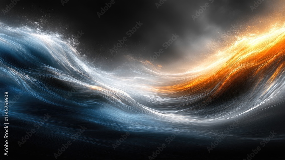 Poster dynamic abstract background with flowing waves in blue and orange hues against a black and white gra