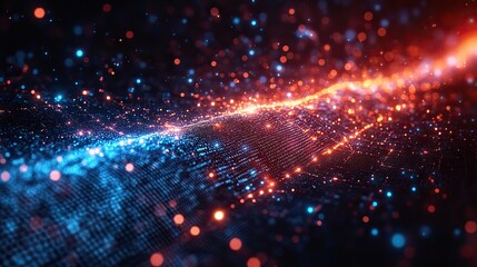 Obraz premium Digital network connection and data transformation for an electronic server symbolize database, bokeh effect, speed, light, cloud computing innovation, and futuristic glow.