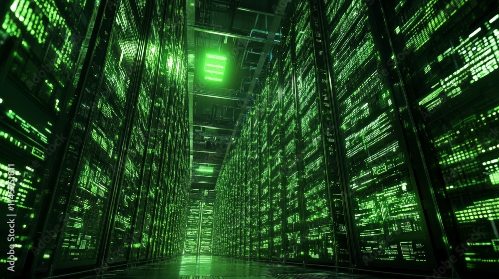 Poster a futuristic server room bathed in green light. data streams flow across server racks creating a tec