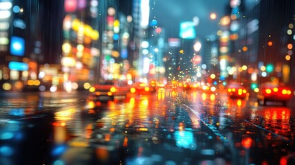 A vibrant cityscape at night, featuring blurred lights and reflections on a wet street.