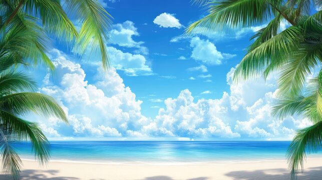 Tropical paradise with vibrant blue sky and fluffy clouds framed by lush palm trees on a serene beach landscape