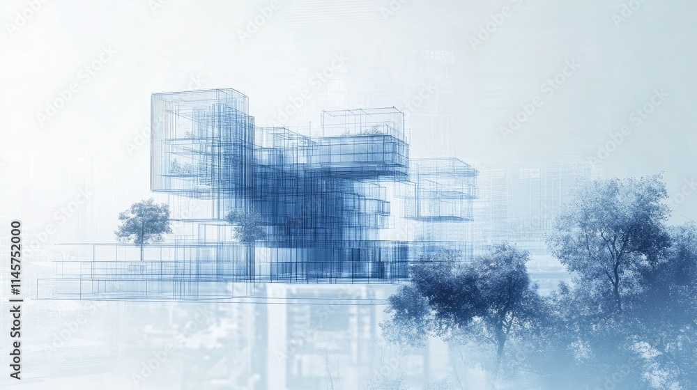 Poster modern architectural visualization with wireframe sketch and polygonal design overlaid on blurred ci