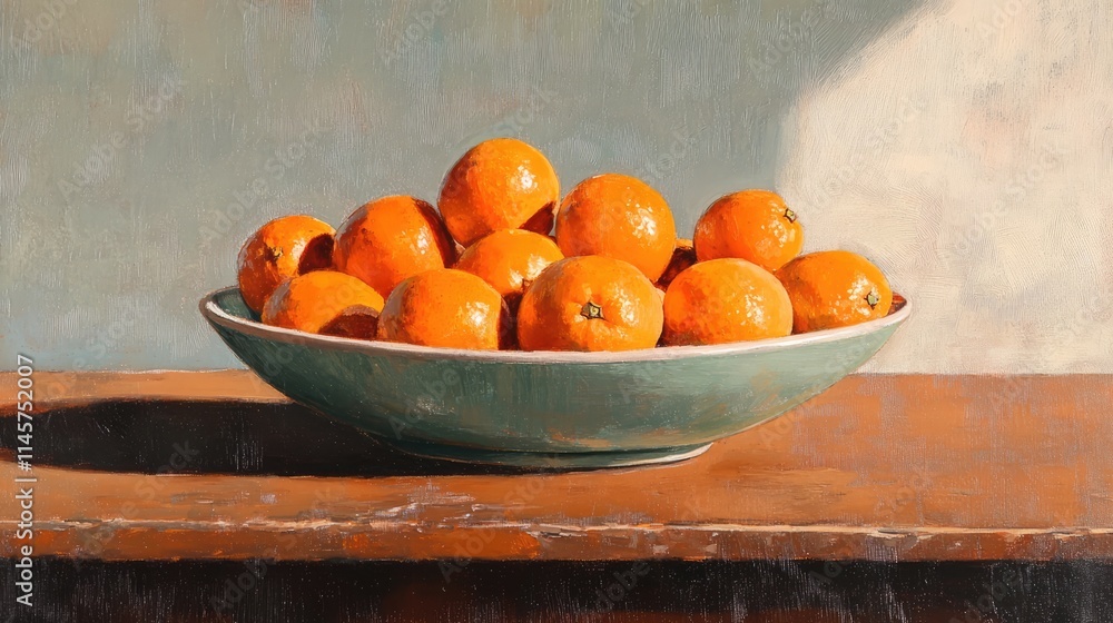 Poster vibrant tangerines arranged in a rustic bowl on a wooden table creating a warm and inviting still li