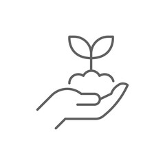 Plant in hand icon. Simple outline style. Hand holding plant with leaves, tree, grow, leaf, sprout, seedling, nature, ecology concept. Thin line symbol. Vector illustration isolated. Editable stroke.