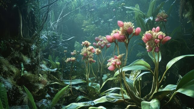 False hellbore flowers in lush greenery highlighting their toxic nature in a vibrant underwater environment.