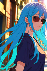 Stylish Anime Girl With Sunglasses Stands Outdoors on a Sunny Day