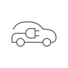 Electric car with plug icon. Simple outline style. EV car, green hybrid vehicles charging point, eco friendly vehicle concept. Thin line symbol. Vector illustration isolated. Editable stroke.