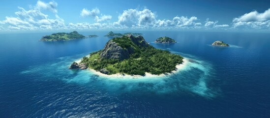 Serene tropical island paradise with lush greenery under a bright blue sky and surrounded by crystal clear ocean waters