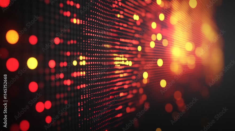 Poster a dark digital screen displays a grid of glowing red and yellow dots. the light creates a bokeh effe