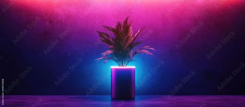Poster minimalist desktop mockup with neon lighting for modern user interface design presentation