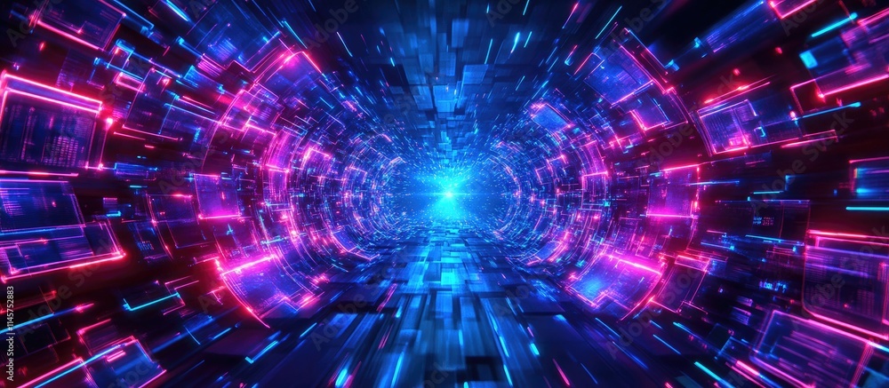 Poster futuristic data migration concept with vibrant neon colors illustrating the transfer and movement of