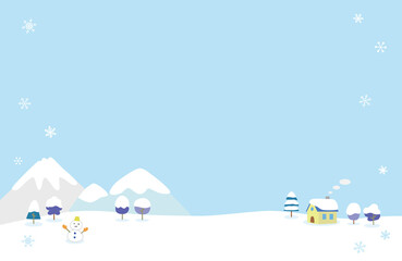 山と小さな家とゆきだるまの冬の背景イラスト