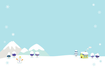 山と小さな家とゆきだるまの冬の背景イラスト