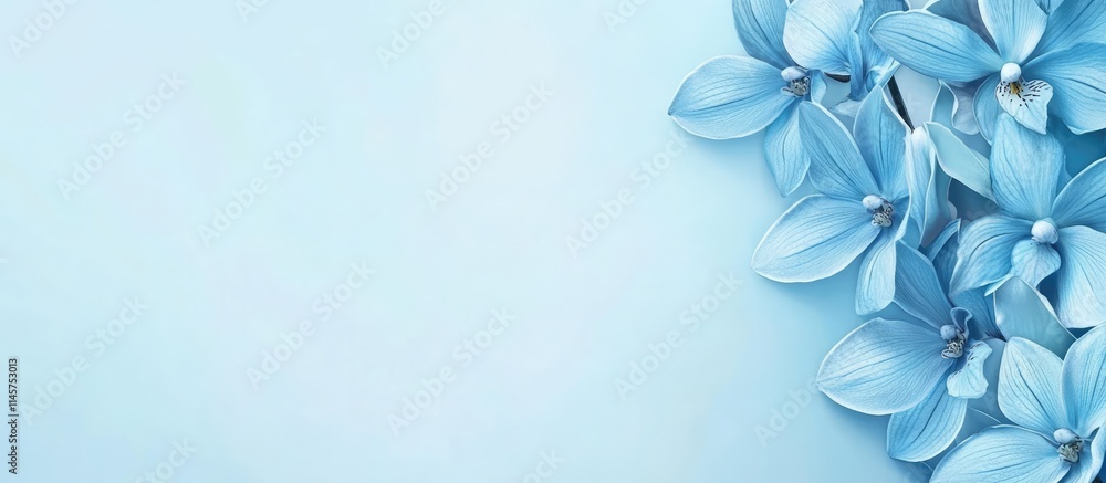 Poster light blue orchid flower arrangement on soft backdrop with ample copy space for elegant design and b