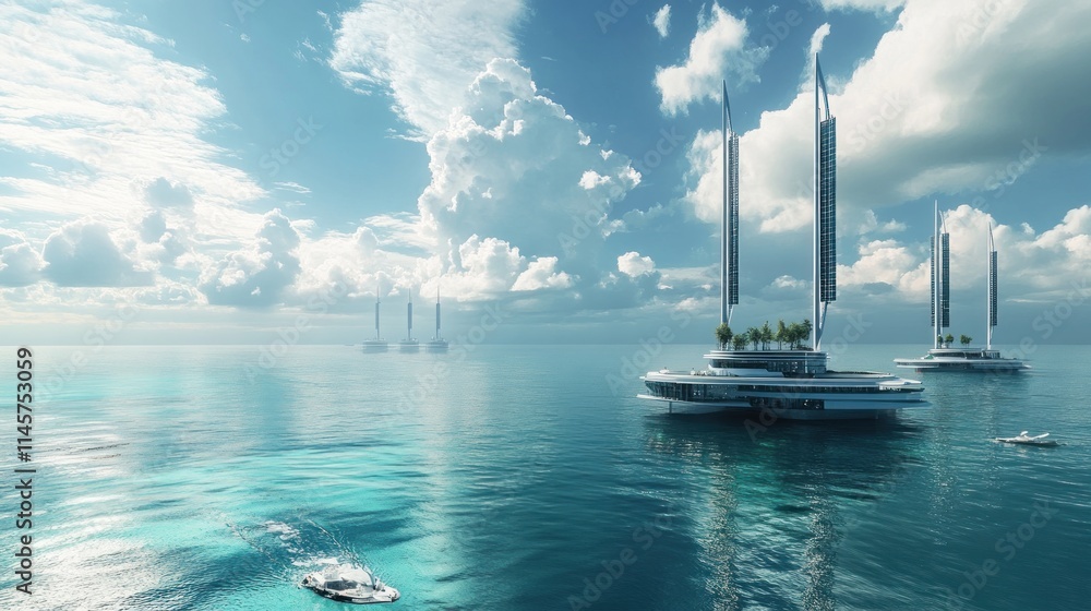 Poster futuristic floating structures on a serene ocean, showcasing advanced marine architecture.