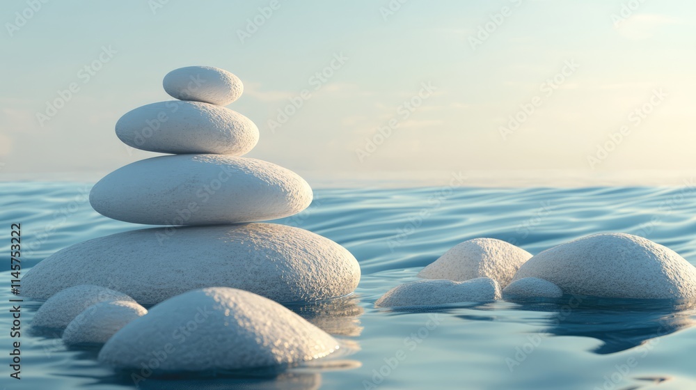 Poster balanced pebble stack on calm sea surface with gentle waves and soft sunlight creating a serene and 