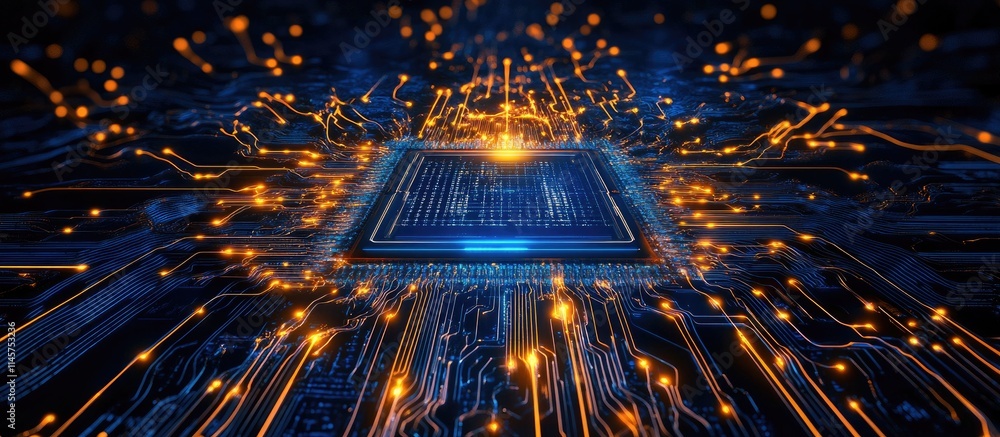 Poster futuristic microchip surrounded by glowing data lines illustrating technology and digital evaluation