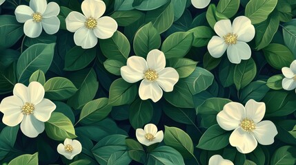 Obraz premium A lush arrangement of white flowers and green leaves, creating a serene botanical pattern.