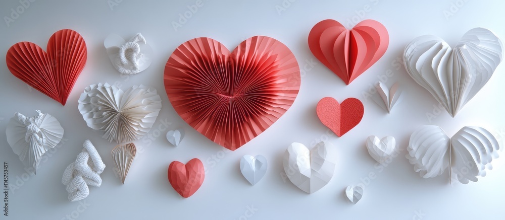 Poster colorful paper hearts in various sizes and textures arranged artistically on a light background crea
