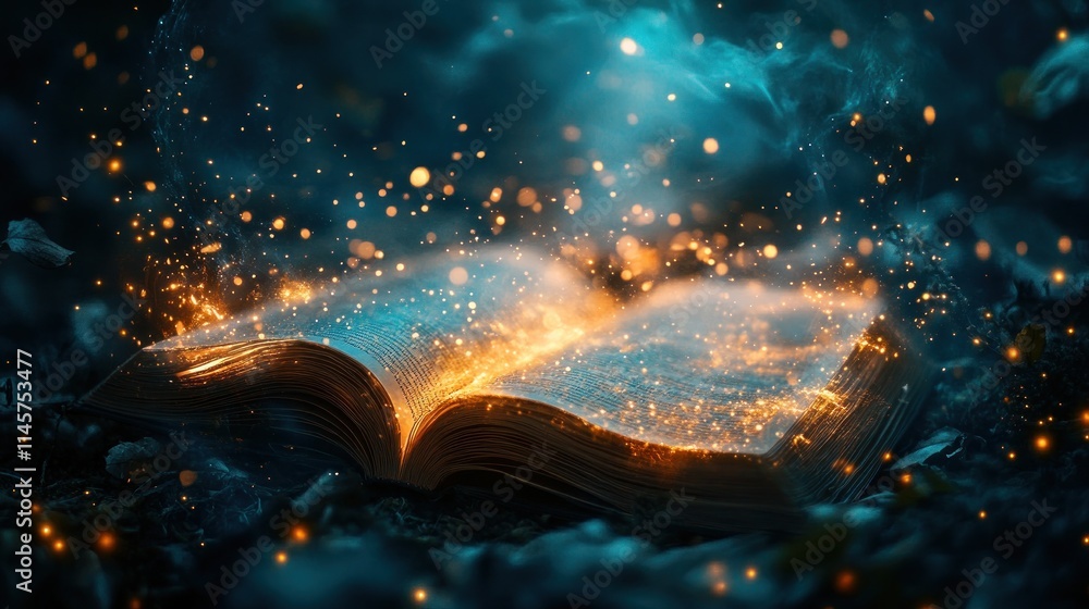 Poster an illuminated open book surrounded by magical sparkles and a mystical atmosphere.