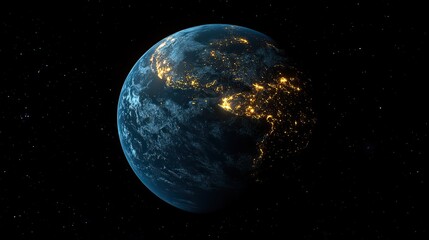 Naklejka premium Earth shines brightly in the darkness of space, with city lights glowing, highlighting the contrast between urban development and the vast universe.