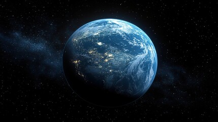 Obraz premium Earth shines brightly in the darkness of space, with city lights glowing, highlighting the contrast between urban development and the vast universe.