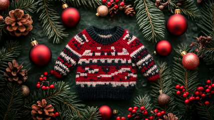 A Christmas party invite featuring a playful knitted pattern with Scandinavian ornaments, perfect for an ugly sweater party vibe.
