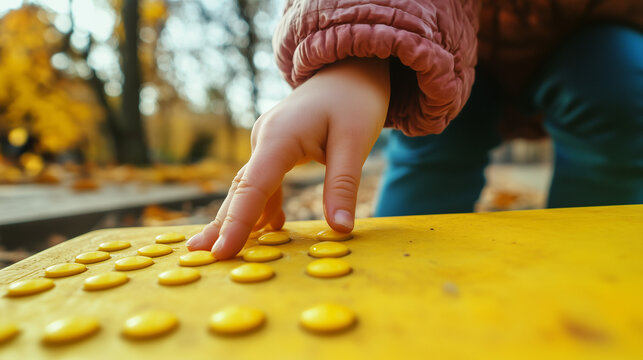
Girl reads a yellow Braille sign outdoors. Close-up of a woman's hand reading Braille. The hand of a child touches the bulges of the plate. World Sight Day. World Braille Day.