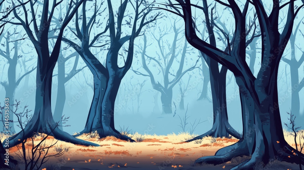Poster mysterious winter forest with bare trees and mist creating an ethereal atmosphere of tranquility and