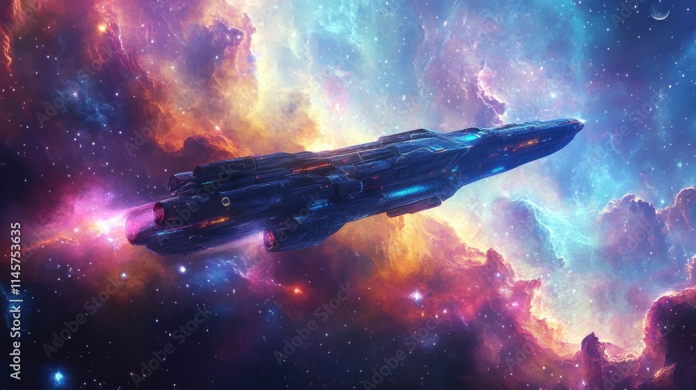 Poster a futuristic spaceship navigating through a vibrant cosmic nebula.