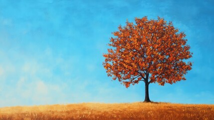 Autumn tree with vibrant orange leaves against a clear blue sky and golden grass landscape during fall season nature scenery.